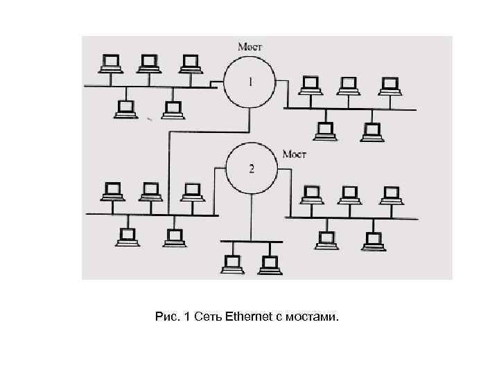 Рис. 1 Сеть Ethernet с мостами. 