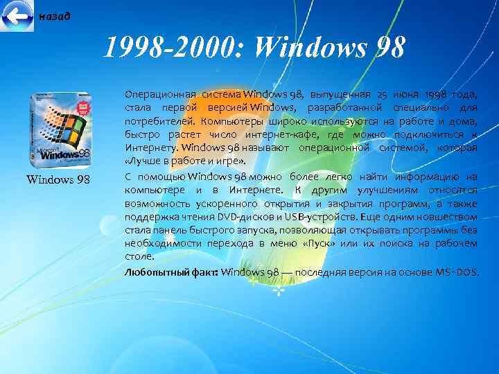 назад 1998 -2000: Windows 98 Операционная система Windows 98, выпущенная 25 июня 1998 года,