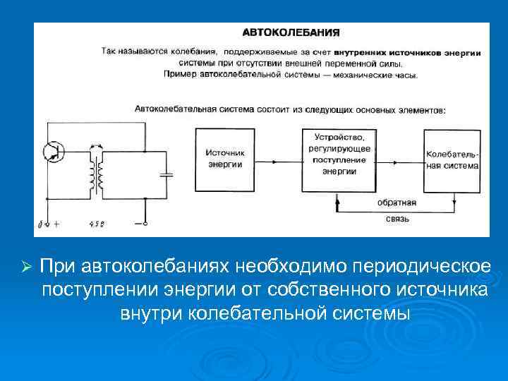 Ø При автоколебаниях необходимо периодическое поступлении энергии от собственного источника внутри колебательной системы 