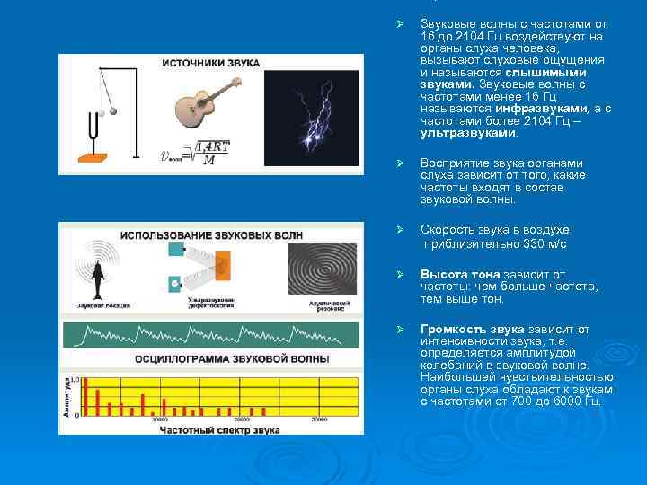 Ø Звуковые волны с частотами от 16 до 2104 Гц воздействуют на органы слуха