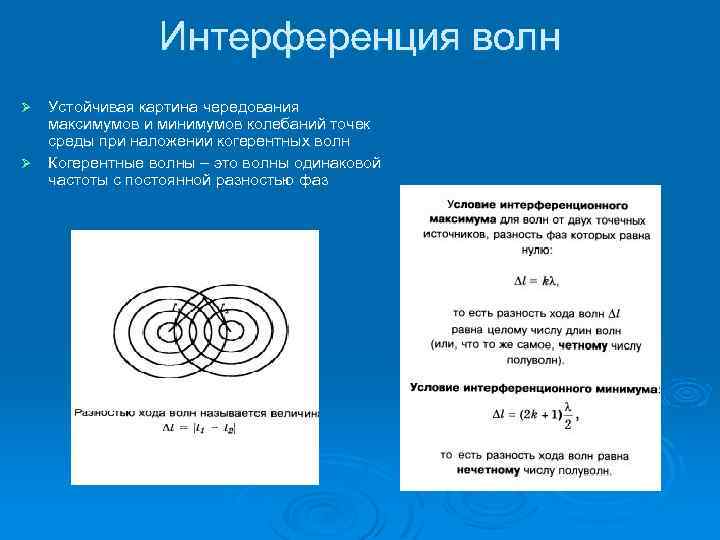 Интерференция волн Устойчивая картина чередования максимумов и минимумов колебаний точек среды при наложении когерентных