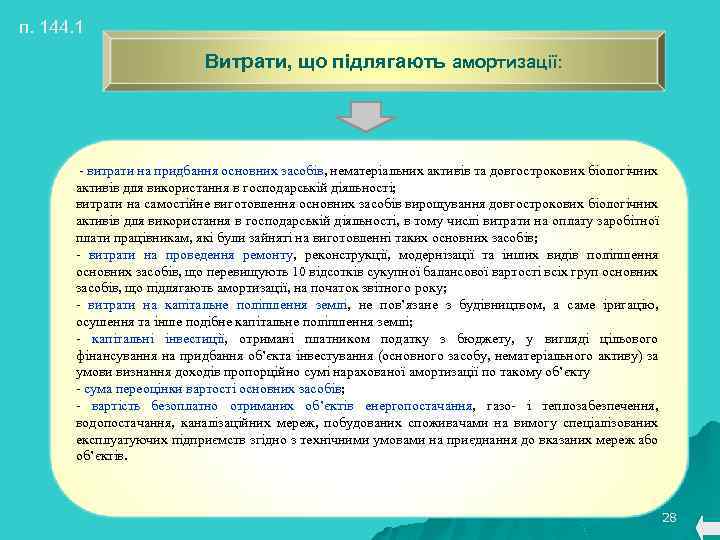 п. 144. 1 Витрати, що підлягають амортизації: - витрати на придбання основних засобів, нематеріальних