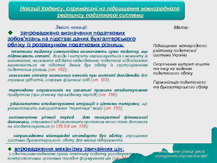 Новації Кодексу, спрямовані на підвищення міжнародного рейтингу податкової системи Зміст новації: u запроваджено визначення