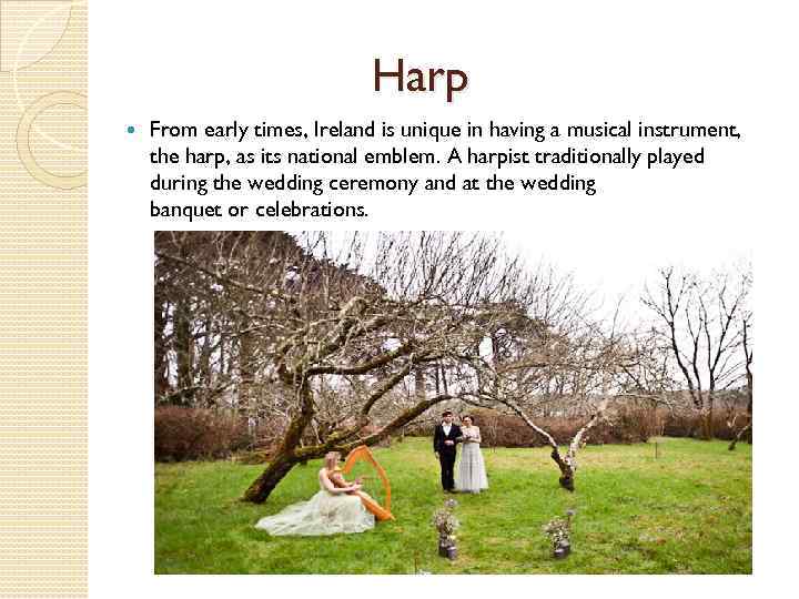 Harp From early times, Ireland is unique in having a musical instrument, the harp,