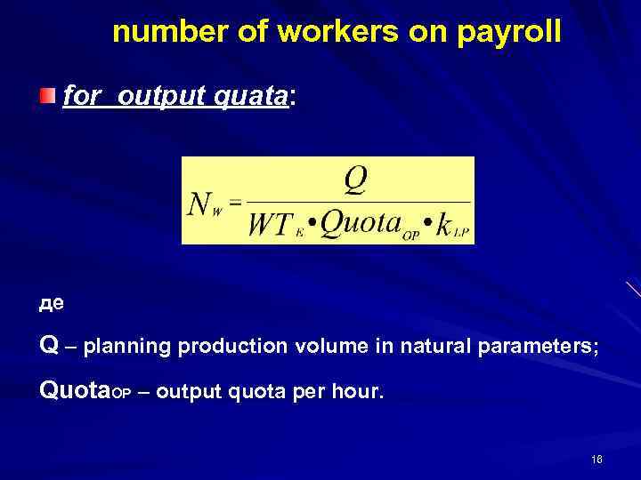 number of workers on payroll for output quata: де Q – planning production volume