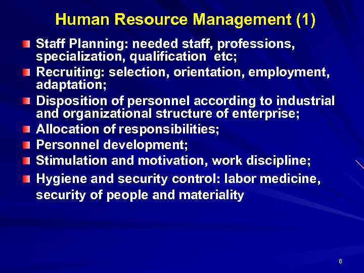 Human Resource Management (1) Staff Planning: needed staff, professions, specialization, qualification etc; Recruiting: selection,