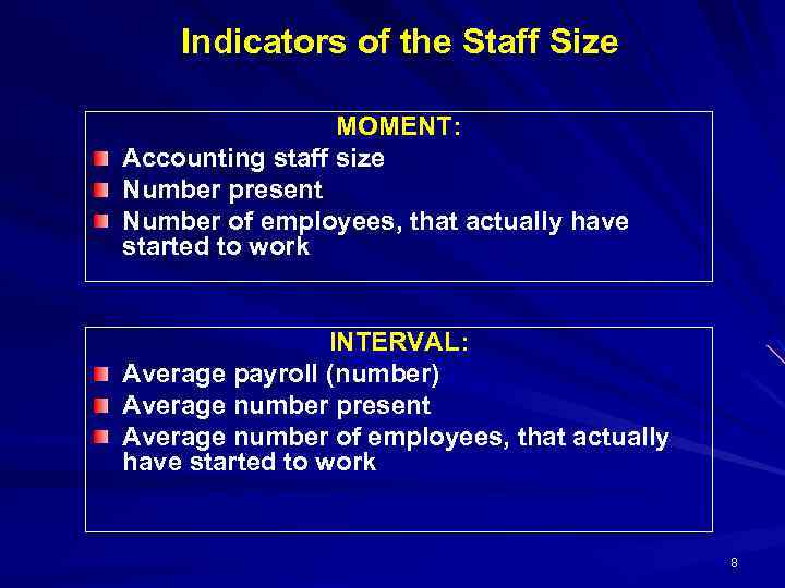 Indicators of the Staff Size MOMENT: Accounting staff size Number present Number of employees,