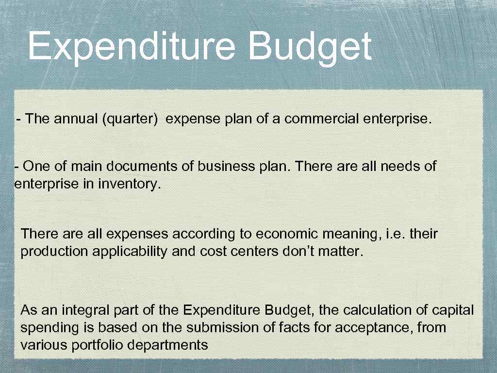 Expenditure Budget - The annual (quarter) expense plan of a commercial enterprise. - One