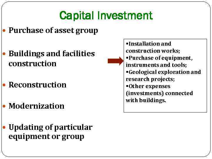 Capital Investment Purchase of asset group Buildings and facilities construction Reconstruction Modernization Updating of