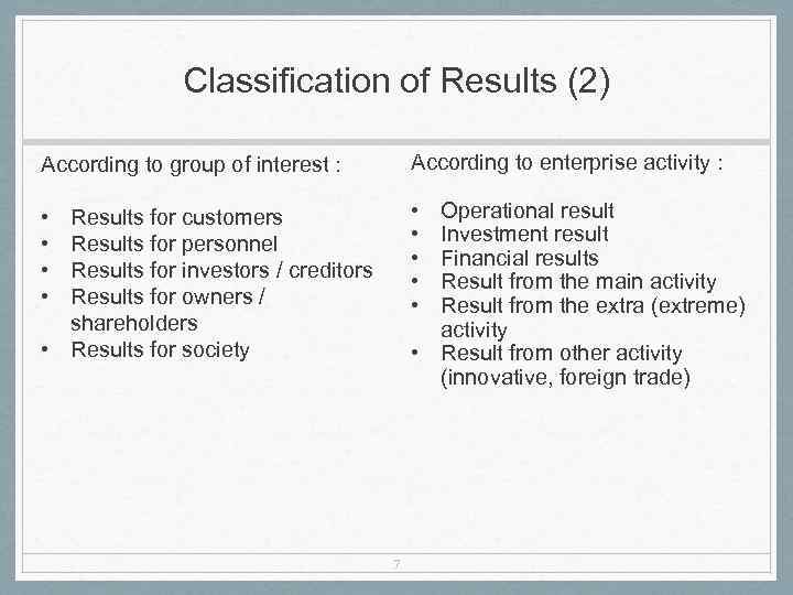 Classification of Results (2) According to group of interest : According to enterprise activity