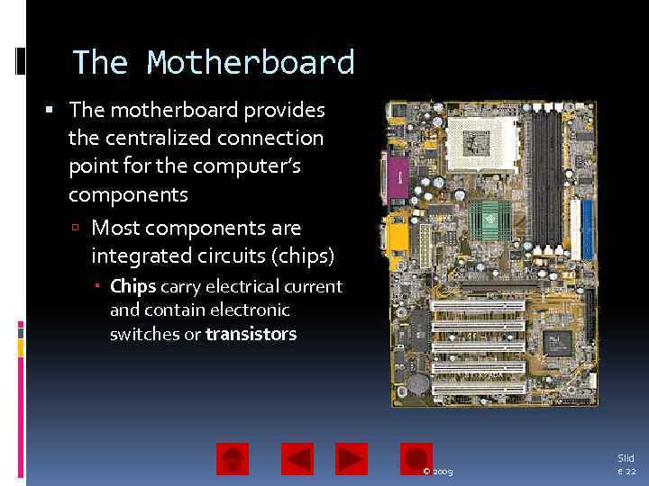 The Motherboard The motherboard provides the centralized connection point for the computer’s components Most