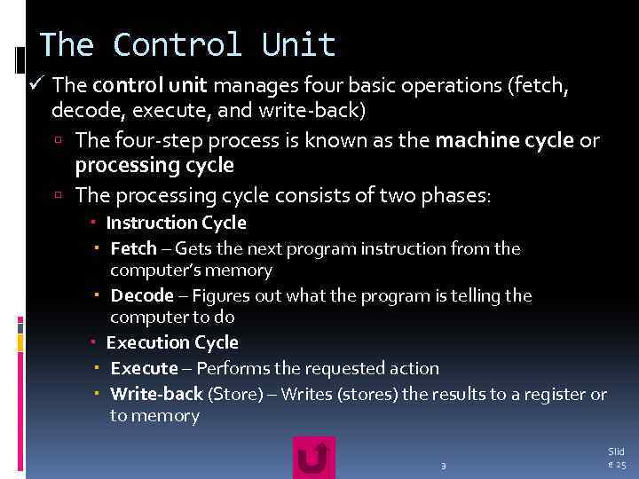 The Control Unit ü The control unit manages four basic operations (fetch, decode, execute,