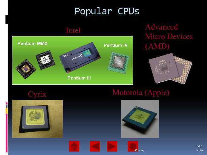 Popular CPUs Advanced Micro Devices (AMD) Intel Pentium MMX Pentium IV Pentium III Cyrix