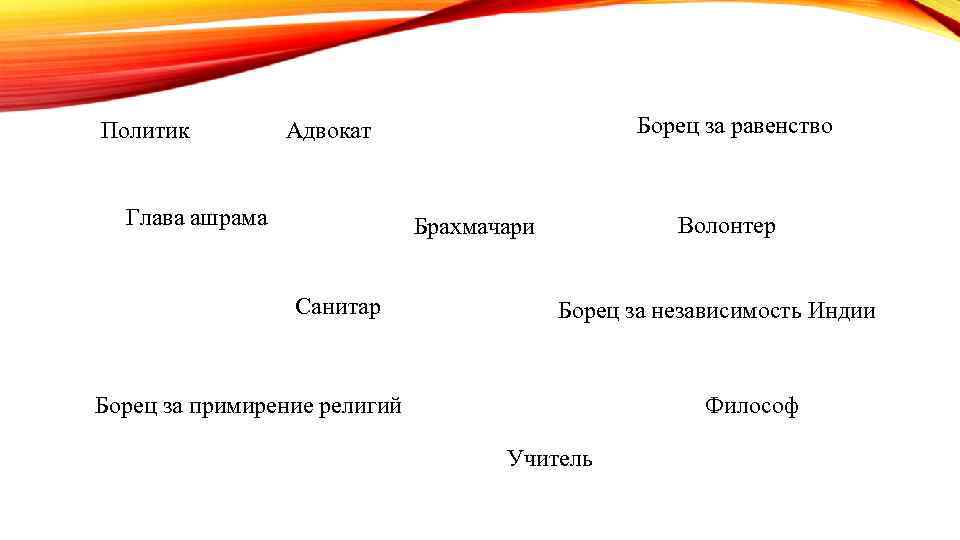 Политик Борец за равенство Адвокат Глава ашрама Волонтер Брахмачари Санитар Борец за независимость Индии