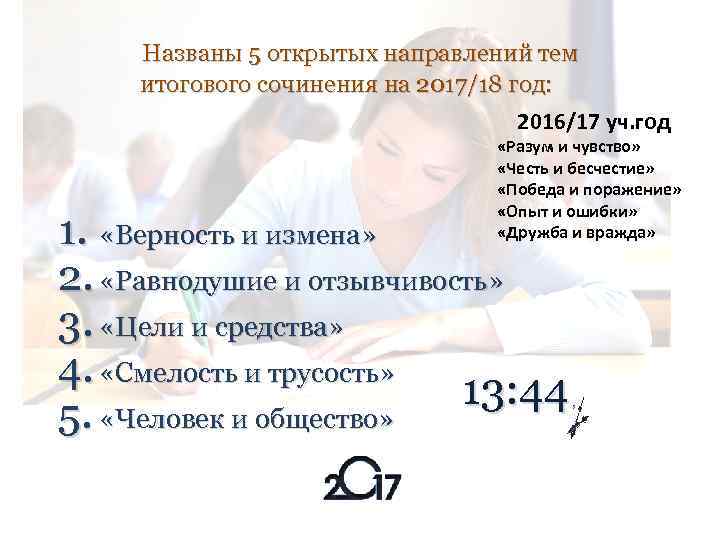 Названы 5 открытых направлений тем итогового сочинения на 2017/18 год: 2016/17 уч. год «Разум