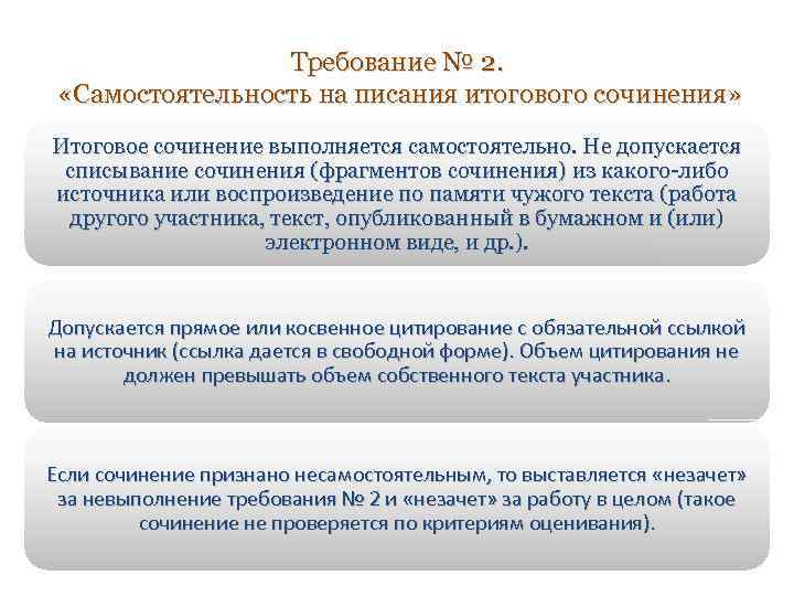 Требование № 2. «Самостоятельность на писания итогового сочинения» Итоговое сочинение выполняется самостоятельно. Не допускается