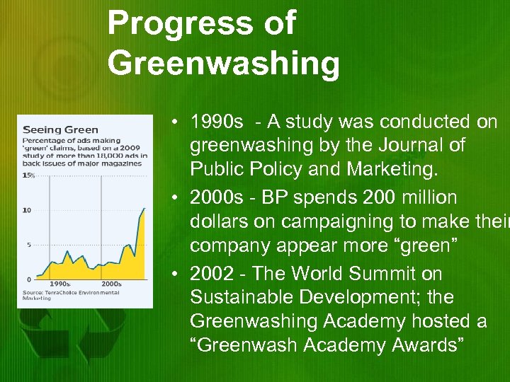 Progress of Greenwashing • 1990 s - A study was conducted on greenwashing by