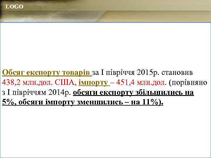 LOGO Обсяг експорту товарів за І півріччя 2015 р. становив 438, 2 млн. дол.