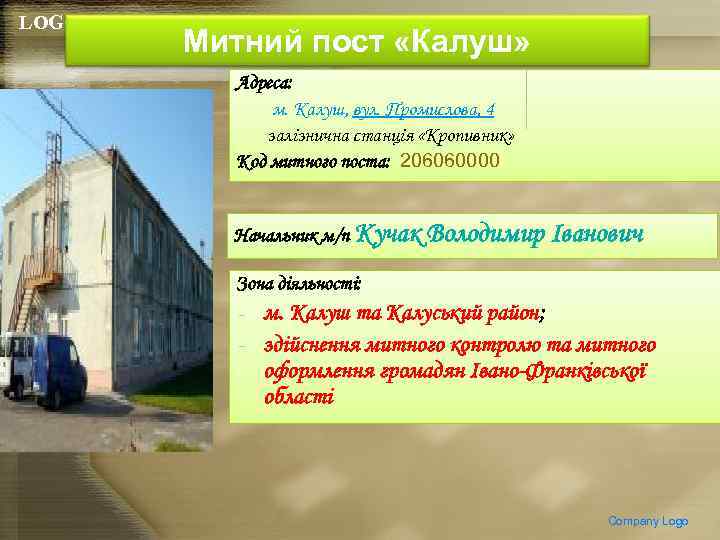 LOGO Митний пост «Калуш» Адреса: м. Калуш, вул. Промислова, 4 залізнична станція «Кропивник» Код