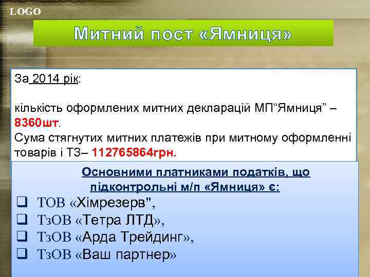 LOGO Митний пост «Ямниця» За 2014 рік: кількість оформлених митних декларацій МП“Ямниця” – 8360