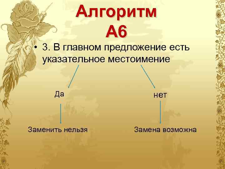 Алгоритм А 6 • 3. В главном предложение есть указательное местоимение Да Заменить нельзя