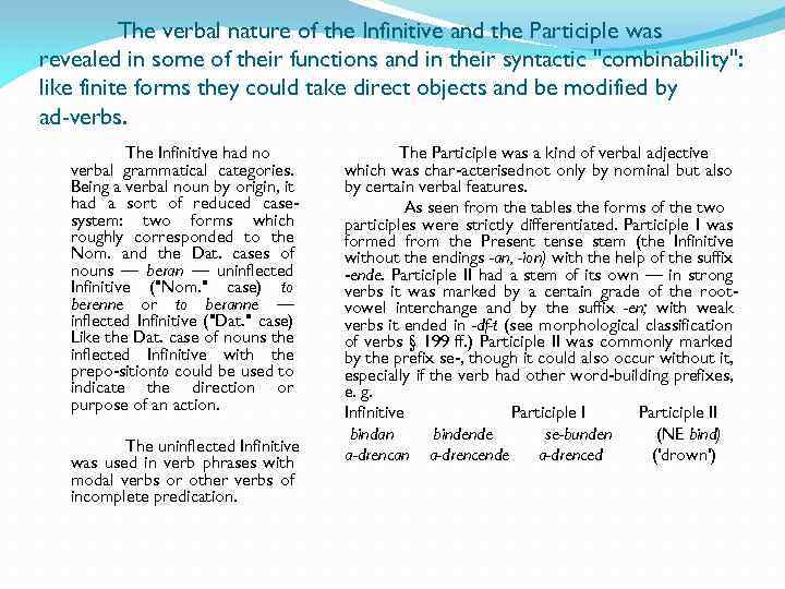 The verbal nature of the Infinitive and the Participle was revealed in some of