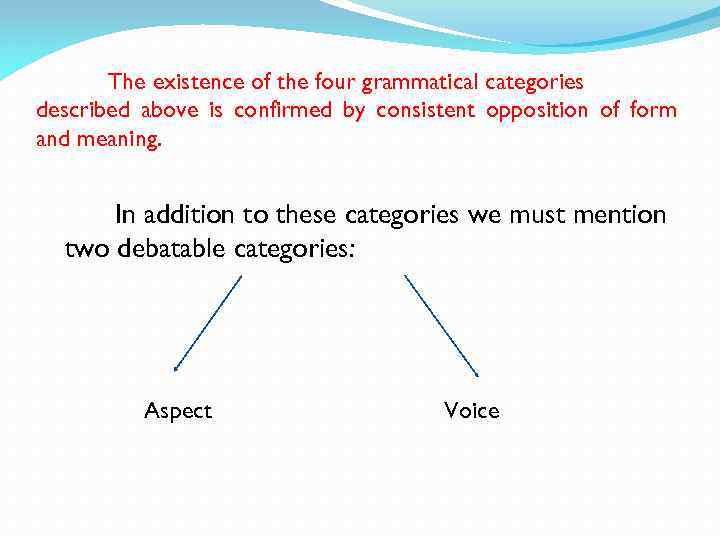 The existence of the four grammatical categories described above is confirmed by consistent opposition