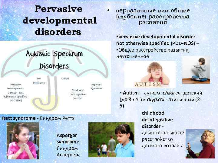Pervasive developmental disorders Rett syndrome - Синдром Ретта Asperger syndrome - Синдром Аспергера •