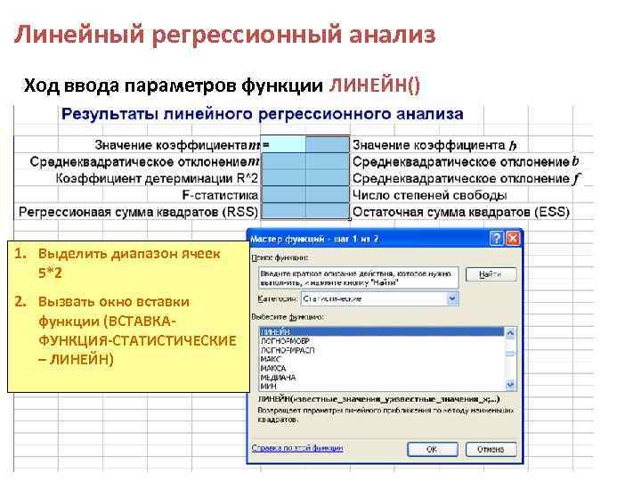 Линейный регрессионный анализ Ход ввода параметров функции ЛИНЕЙН() 1. Выделить диапазон ячеек 5*2 2.