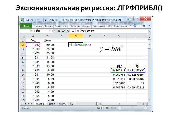 Экспоненциальная регрессия: ЛГРФПРИБЛ() m b 