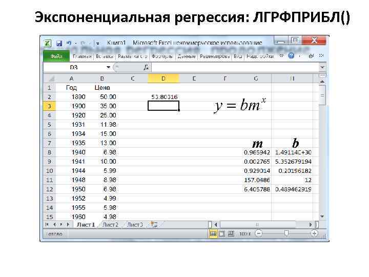 Экспоненциальная регрессия: ЛГРФПРИБЛ() m b 