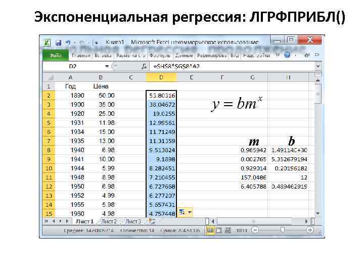 Экспоненциальная регрессия: ЛГРФПРИБЛ() m b 