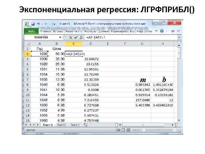 Экспоненциальная регрессия: ЛГРФПРИБЛ() m b 