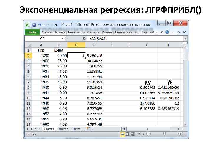 Экспоненциальная регрессия: ЛГРФПРИБЛ() m b 