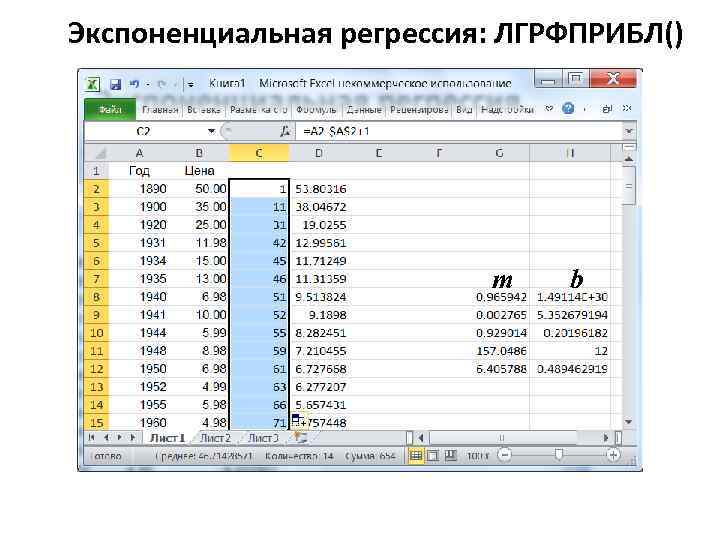 Экспоненциальная регрессия: ЛГРФПРИБЛ() m b 