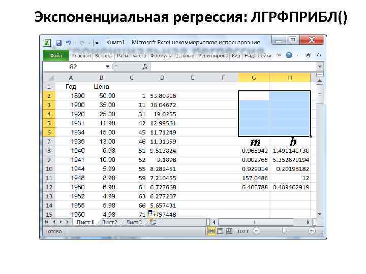 Экспоненциальная регрессия: ЛГРФПРИБЛ() m b 