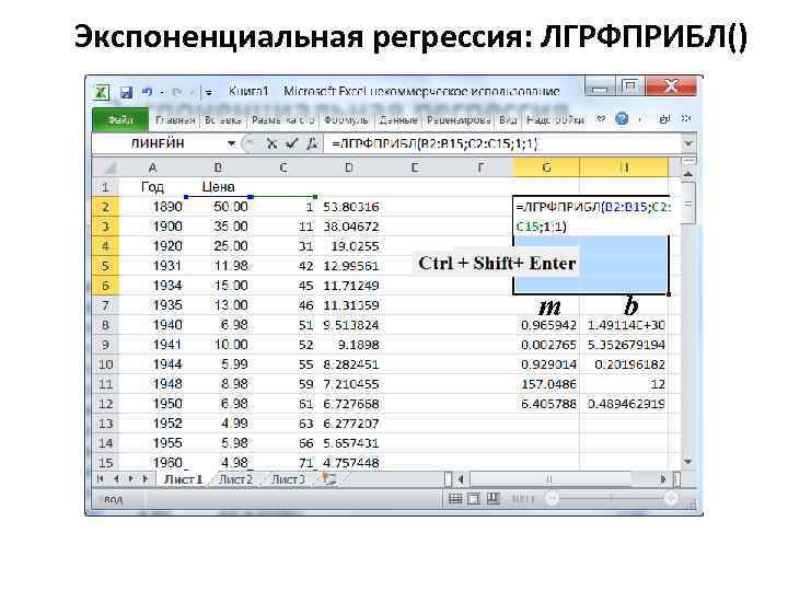 Экспоненциальная регрессия: ЛГРФПРИБЛ() m b 