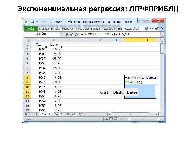 Экспоненциальная регрессия: ЛГРФПРИБЛ() 