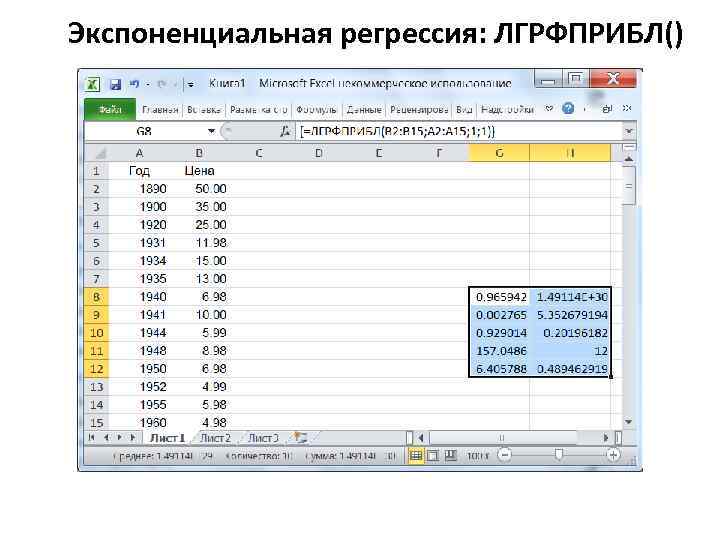 Экспоненциальная регрессия: ЛГРФПРИБЛ() 