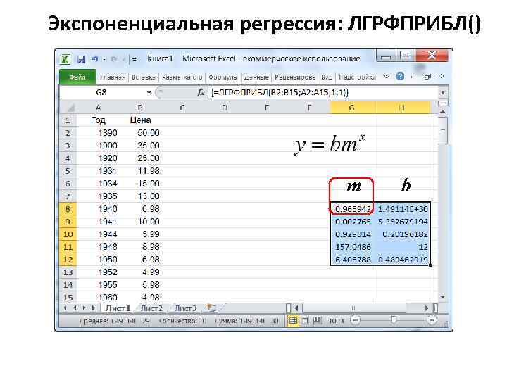 Экспоненциальная регрессия: ЛГРФПРИБЛ() m b 