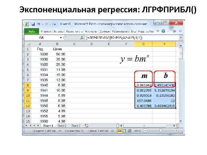 Экспоненциальная регрессия: ЛГРФПРИБЛ() m b 