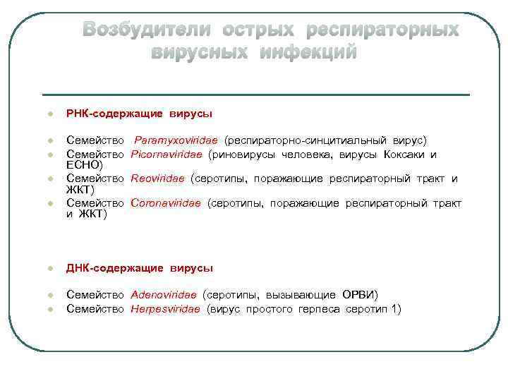 Возбудители острых респираторных вирусных инфекций l РНК-содержащие вирусы l Семейство ЕСНО) Семейство ЖКТ) Семейство