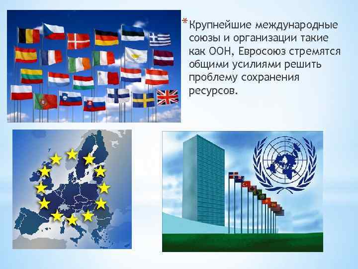*Крупнейшие международные союзы и организации такие как ООН, Евросоюз стремятся общими усилиями решить проблему