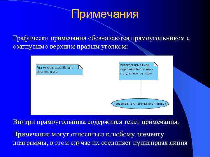 Примечания Графически примечания обозначаются прямоугольником с «загнутым» верхним правым уголком: Внутри прямоугольника содержится текст