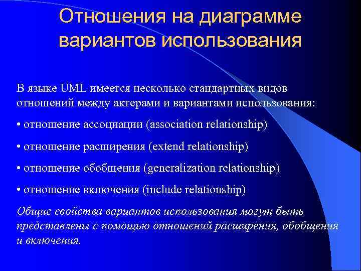 Отношения на диаграмме вариантов использования В языке UML имеется несколько стандартных видов отношений между