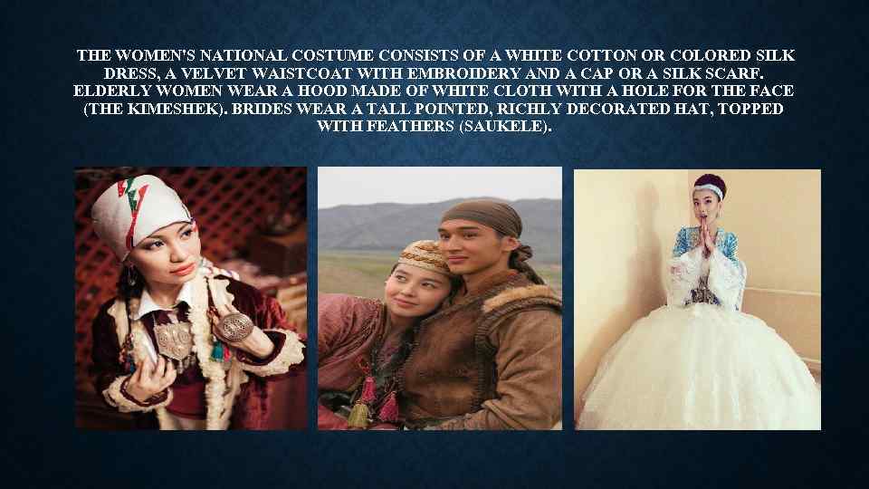 THE WOMEN'S NATIONAL COSTUME CONSISTS OF A WHITE COTTON OR COLORED SILK DRESS, A