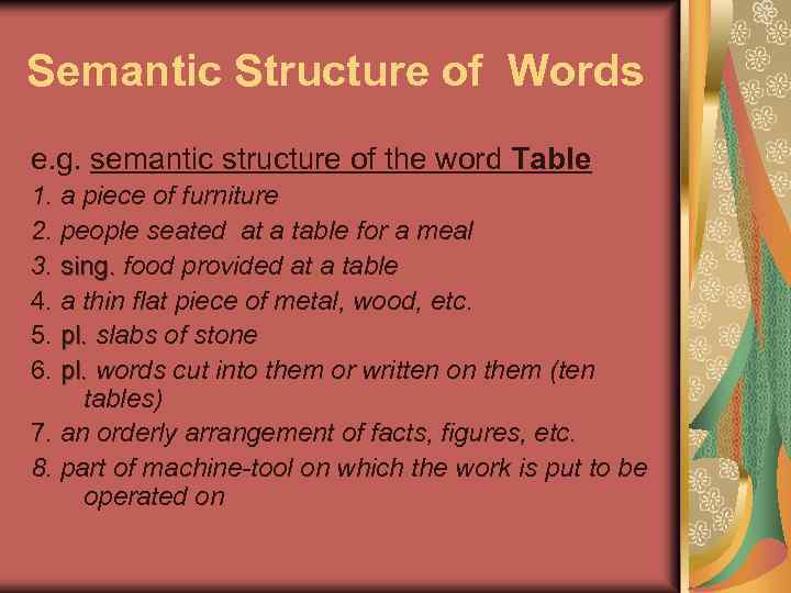 Semantic Structure of Words e. g. semantic structure of the word Table 1. a