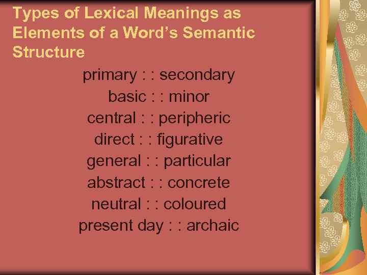 Types of Lexical Meanings as Elements of a Word’s Semantic Structure primary : :