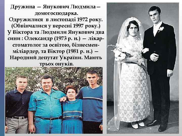 Дружина — Янукович Людмила— домогосподарка. Одружилися в листопаді 1972 року. (Обвінчалися у вересні 1997