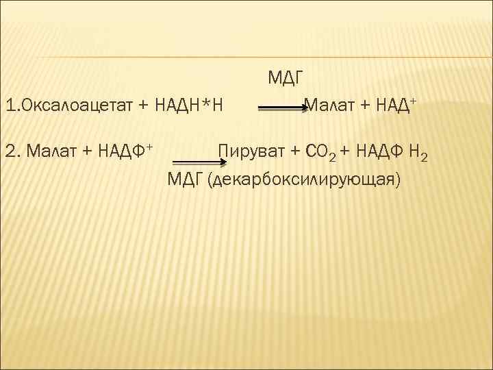МДГ 1. Оксалоацетат + НАДН*Н 2. Малат + НАДФ+ Малат + НАД+ Пируват +